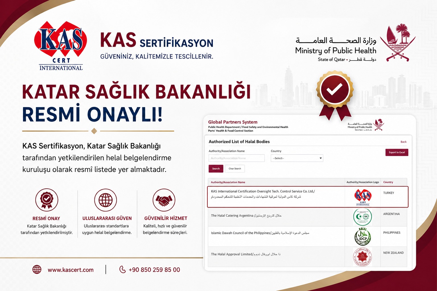KAS Sertifikasyon, Katar Sağlık Bakanlığı onaylı helal belgelendirme hizmeti sunmaktadır.